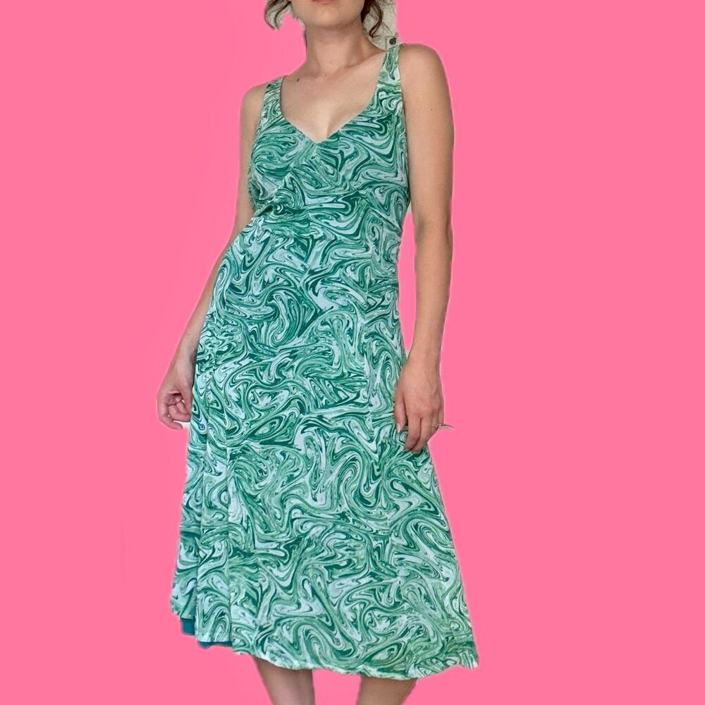 Michael Kors Y2K Green Marble Swirl Mesh Midi Dress